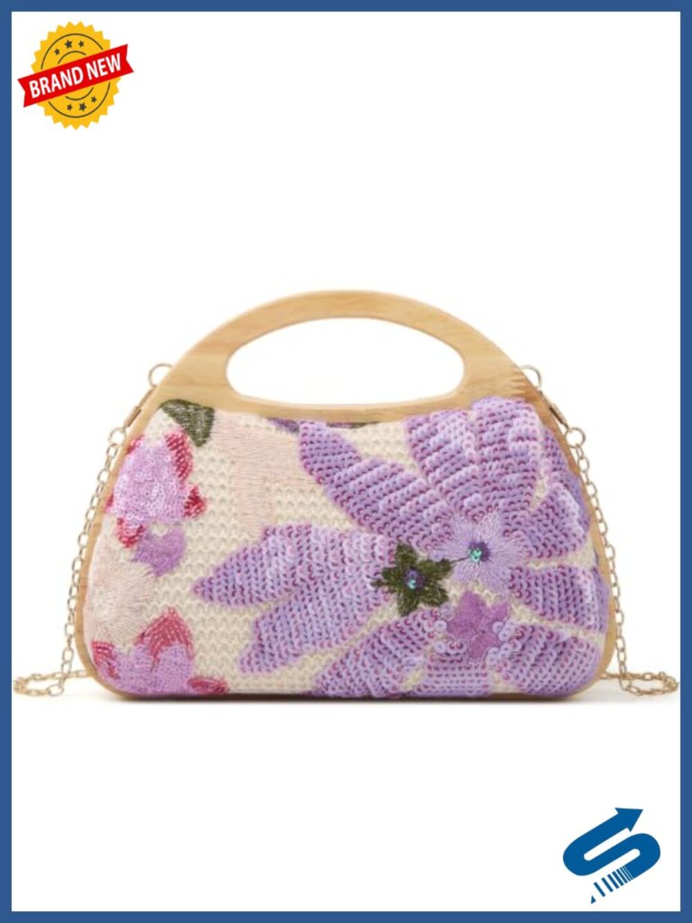 Floral Sequin Crochet Clutch with Wooden Handle - Lavender